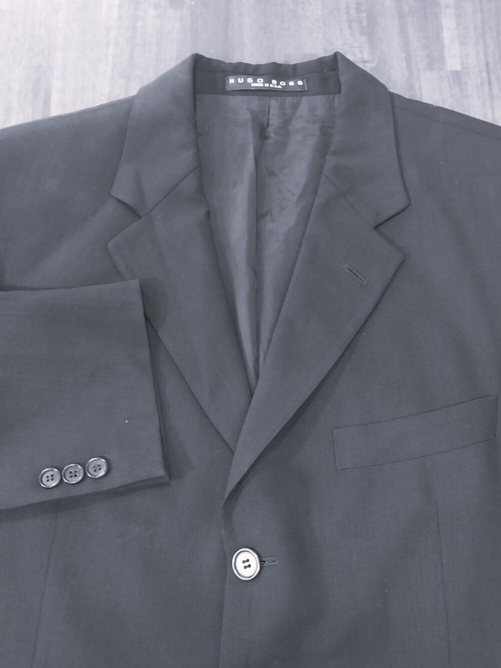 Vintage Hugo Boss Sport Coat 44R Solid Black 100% Virgin Wool Blazer Made in USA
